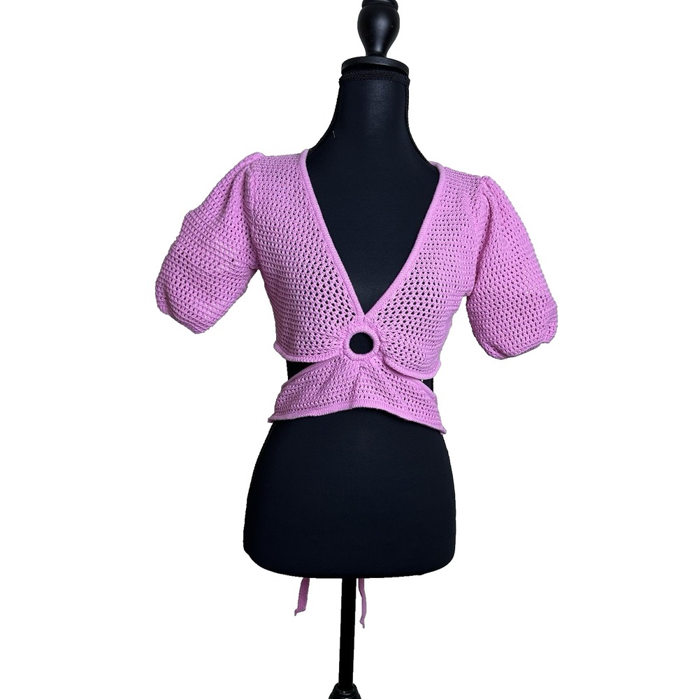 Womens Y2K Crochet Puff Sleeve Ring Front Tie Back Crop Top Pink‎ Small Le Lis